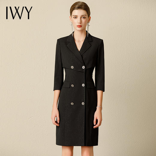 IWY/夏季新款高端黑色五分袖连衣裙女设计感西装裙气质双排扣231020Q1 商品图4
