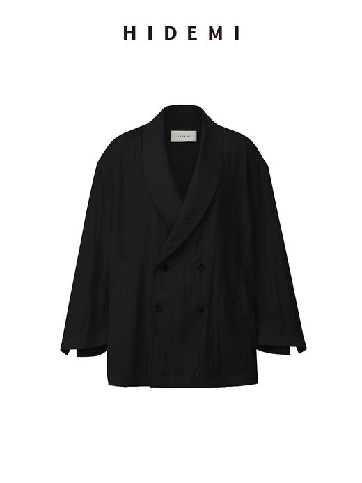 HIDEMI 清透艺术感微褶皱双排扣超薄西装外套 黄油色/黑色 商品图9