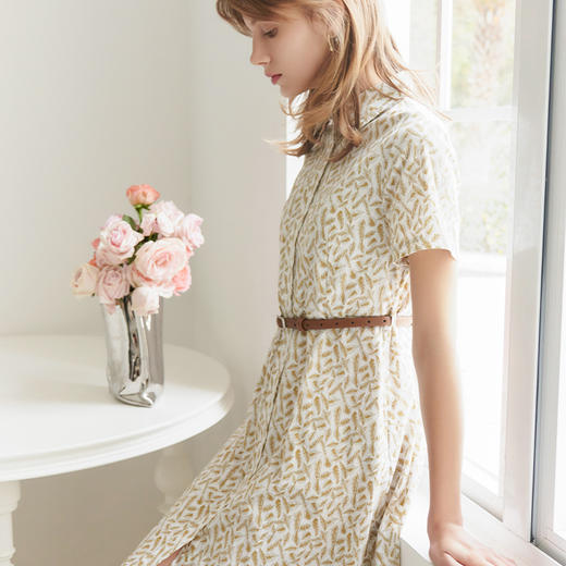 【棉质腰带印花连衣裙】23年春夏新品女士中长款衬衫款印花连衣裙 商品图1