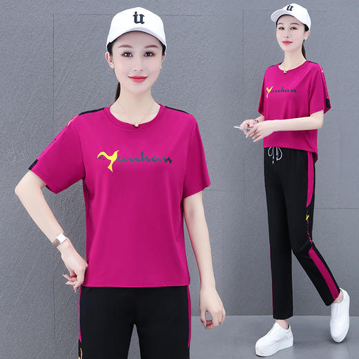 天丝休闲运动套装女，夏季时尚休闲洋气短袖直筒裤两件套运动服QB-HGR3359 商品图2