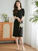 【专属特价】熙世界黑色气质通勤连衣裙女短袖2025年夏季新款抽褶收腰显瘦裙子 商品缩略图0