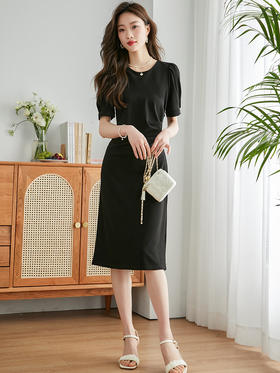 【专属特价】熙世界黑色气质通勤连衣裙女短袖2025年夏季新款抽褶收腰显瘦裙子