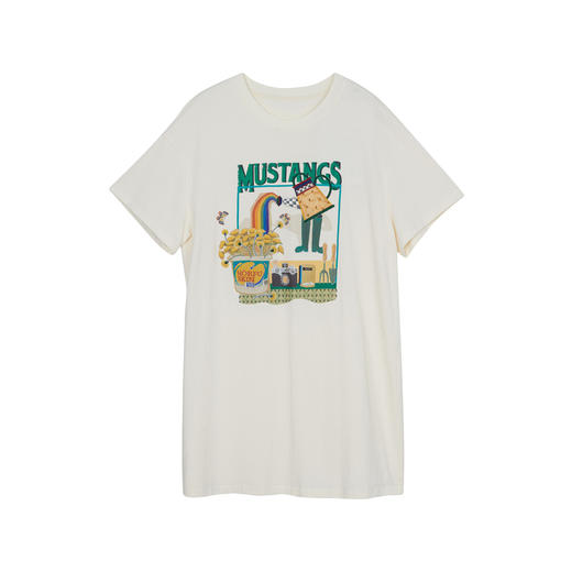 谜底宽松印花中长款连衣裙短袖2023夏新款圆领简约T恤裙232ML0587 商品图4