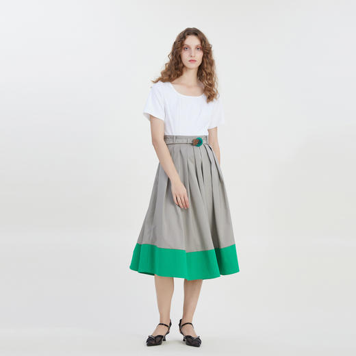 谜底拼接感连衣裙短袖2023夏新款时尚圆领百褶裙配腰带232ML0536 商品图1