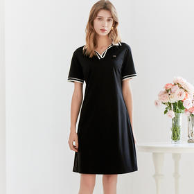 【纯棉V领撞色连衣裙】23年春夏新品女士中长款连衣裙修身显瘦黑色裙子
