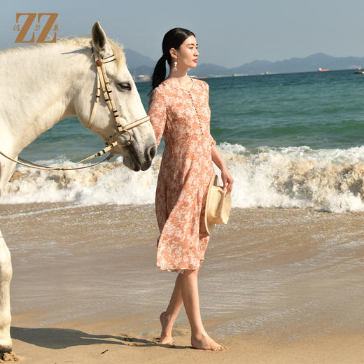 佐尔美夏季新款 真丝乔其印花中袖茶歇裙连衣裙女E32LS01 商品图3