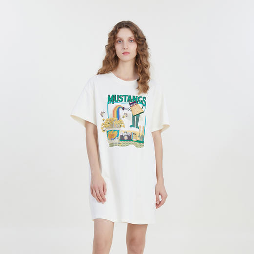 谜底宽松印花中长款连衣裙短袖2023夏新款圆领简约T恤裙232ML0587 商品图0