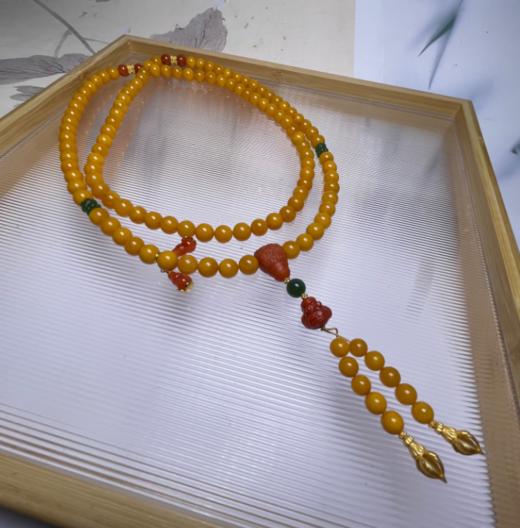 蜜蜡108项链-碧玉莲花南红财神爷 商品图0