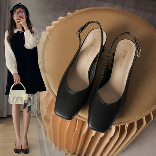 ZHR包头凉鞋百搭方头单鞋女2023新款复古法式粗跟单鞋通勤时尚鞋 商品图2