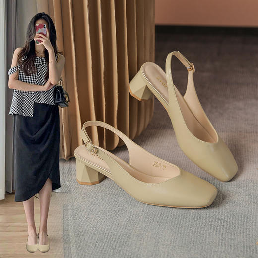 ZHR包头凉鞋百搭方头单鞋女2023新款复古法式粗跟单鞋通勤时尚鞋 商品图1