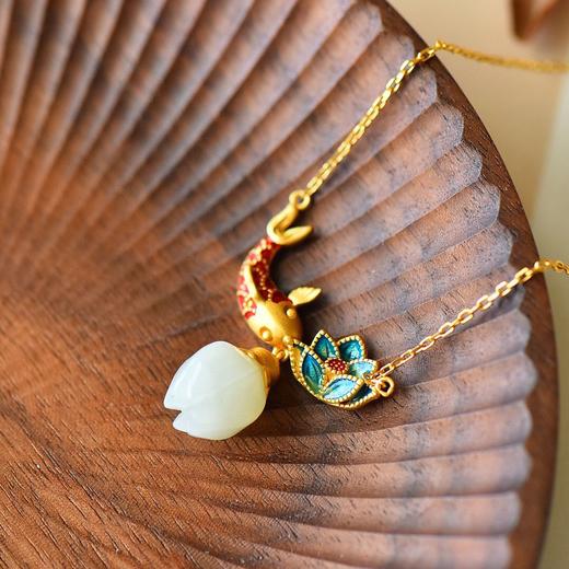 中国风古法金六菱花连年有余锦鲤莲花项链 商品图8