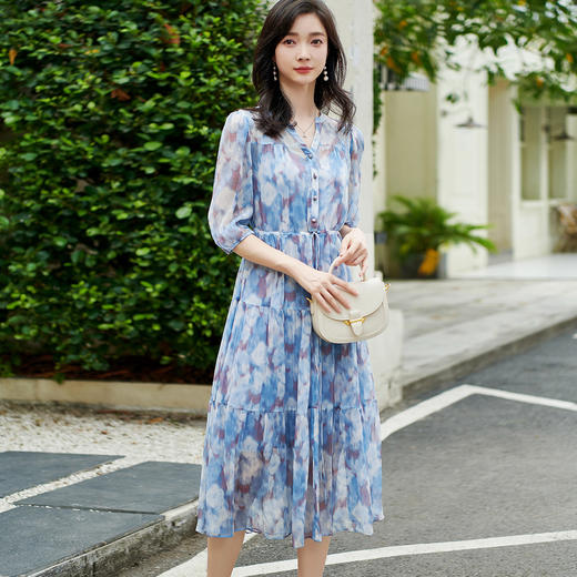 仙气飘逸真丝连衣裙 蓝色连衣裙时尚收腰显瘦印花裙5X23BL1074 商品图2
