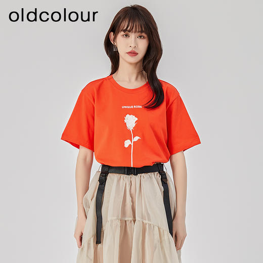 oldcolour2023夏新款纯棉时尚气质基础款印花宽松T恤女O23021336 商品图3