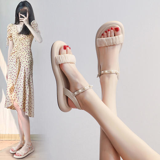 ZHR网纱珍珠凉鞋女2023夏季新款超仙一字带凉鞋甜美温柔气质女鞋 商品图1