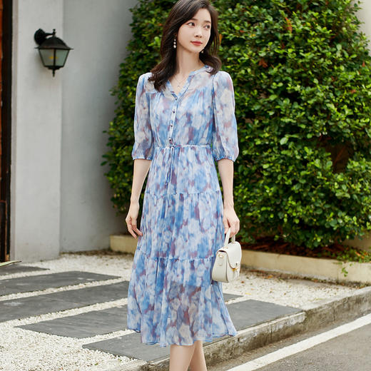 仙气飘逸真丝连衣裙 蓝色连衣裙时尚收腰显瘦印花裙5X23BL1074 商品图3