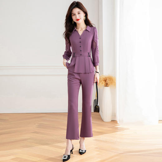 QYM CY0870-Y时尚气质优雅重工刺锈衬衫+直筒微喇裤套装 商品图0