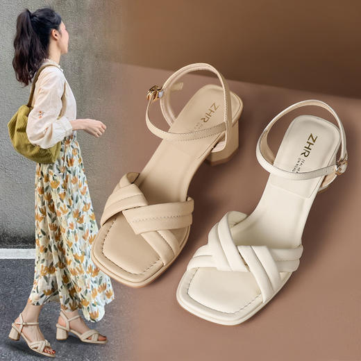 ZHR温柔复古凉鞋女2023新款时尚粗跟高跟鞋一字带单鞋ins风鞋 商品图2