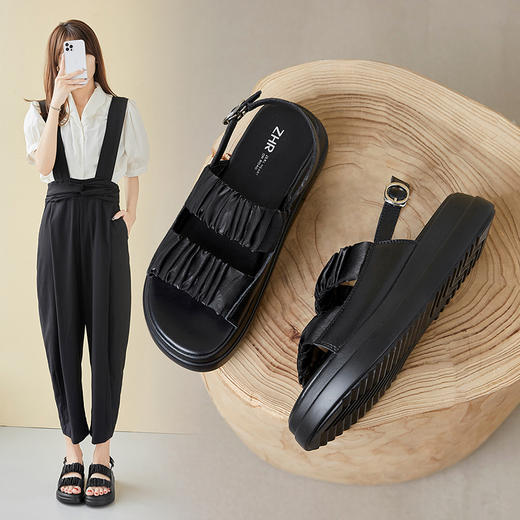 ZHR厚底凉鞋女2023新款夏季褶皱软底松糕鞋时尚休闲沙滩鞋 商品图1