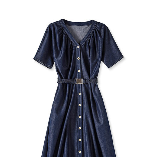 复古港风，小众设计V领泡泡袖中长款收腰显瘦牛仔连衣裙WLZD-2307101 商品图4