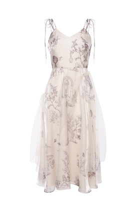 香槟色幻境中式花园印花水晶纱吊带修身连衣裙