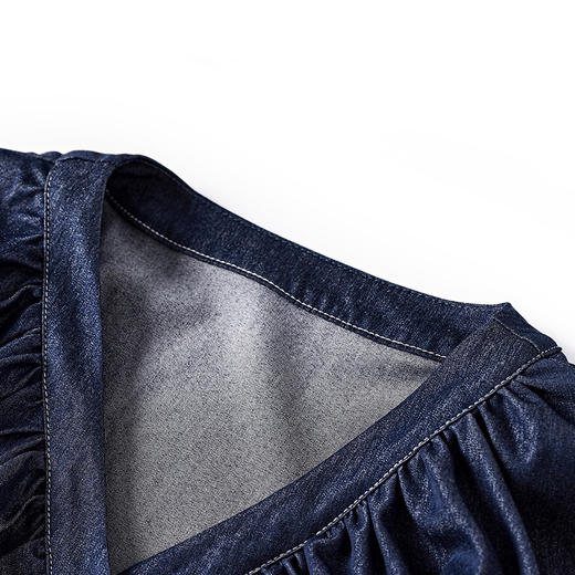 复古港风，小众设计V领泡泡袖中长款收腰显瘦牛仔连衣裙WLZD-2307101 商品图2