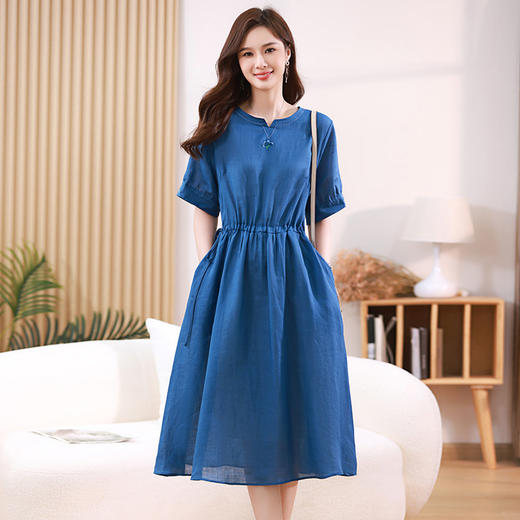 优雅修身，抽绳收腰显瘦棉麻风A字裙复古绣花连衣裙HR-WY85329 商品图2