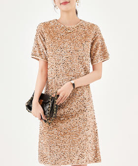 宽松显瘦，重工圆领净色丝绒亮片连衣裙WLZD-2307305