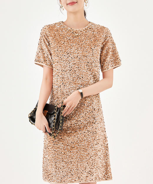 宽松显瘦，重工圆领净色丝绒亮片连衣裙WLZD-2307305 商品图0