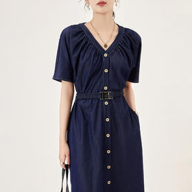 复古港风，小众设计V领泡泡袖中长款收腰显瘦牛仔连衣裙WLZD-2307101