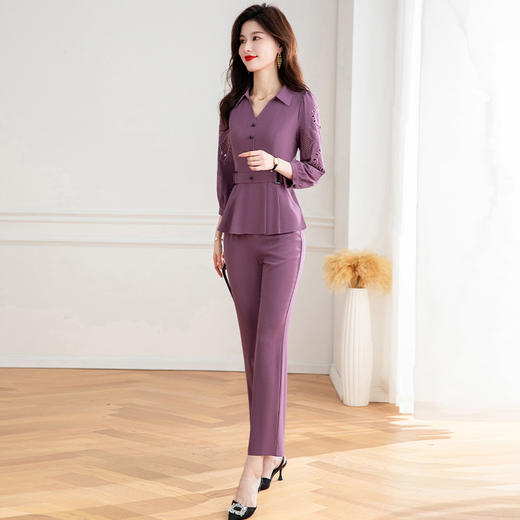 QYM CY0870-Y时尚气质优雅重工刺锈衬衫+直筒微喇裤套装 商品图2