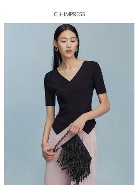 西嘉C+IMPRESS/西嘉夏季冰麻双曲短袖t恤女装2023年新款短款修身上衣T2302072