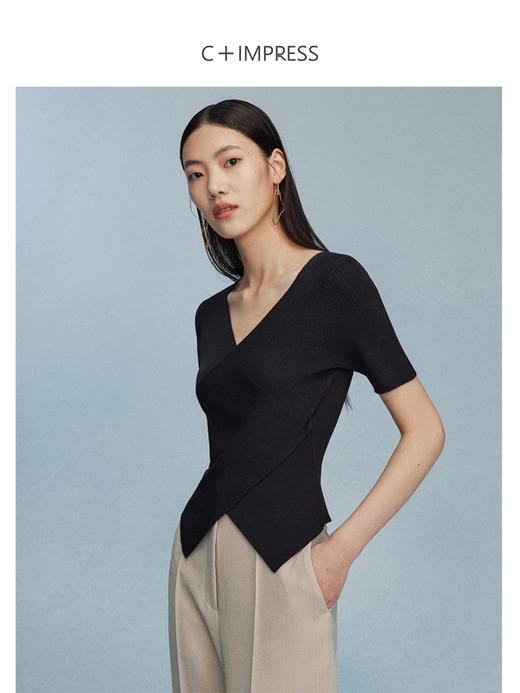 西嘉C+IMPRESS/西嘉夏季冰麻双曲短袖t恤女装2023年新款短款修身上衣T2302072 商品图1