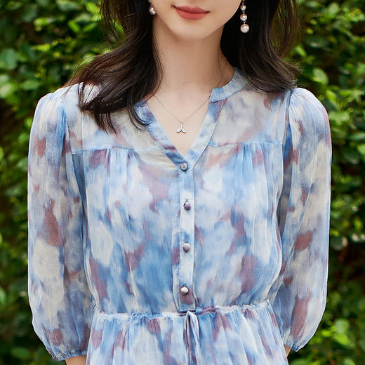 仙气飘逸真丝连衣裙 蓝色连衣裙时尚收腰显瘦印花裙5X23BL1074 商品图4