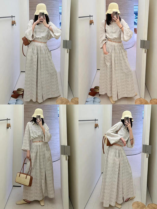 HIDEMI 格纹浮雕色织艺术亚麻套装 衬衫/口袋半裙 商品图1