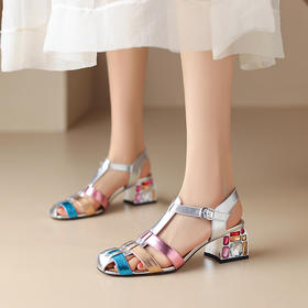 时尚减龄，青春撞色编织粗跟凉鞋NJMK-K589
