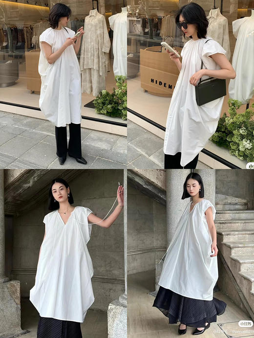 HIDEMI 抽绳立体褶皱设计感大茧型系带衬衫连衣裙 白色/黑色 商品图1