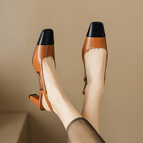 优雅小香风，拼色后空高跟方头包头凉鞋MLD-D6051