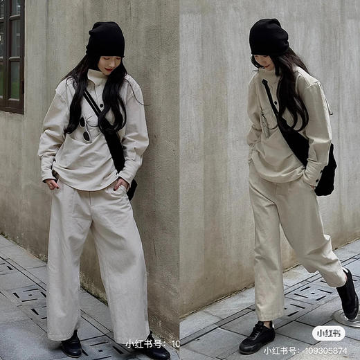 HIDEMI 立领纽扣口袋设计感自然厚款粗亚麻极简套装 上衣/九分裤 米杏色/黑色 商品图1