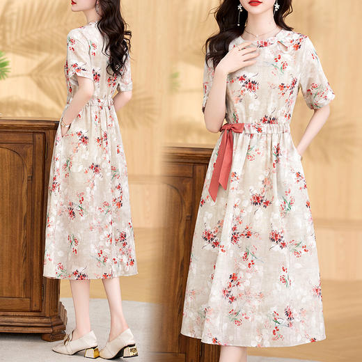 夏季新款，收腰显瘦女神范拼接短袖印花抽绳中长棉麻连衣裙HR-WH205-19 商品图3