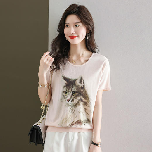 冰丝短袖t恤，宽松薄款圆领针织衫时尚印花洋气上衣CC-38-360 商品图0