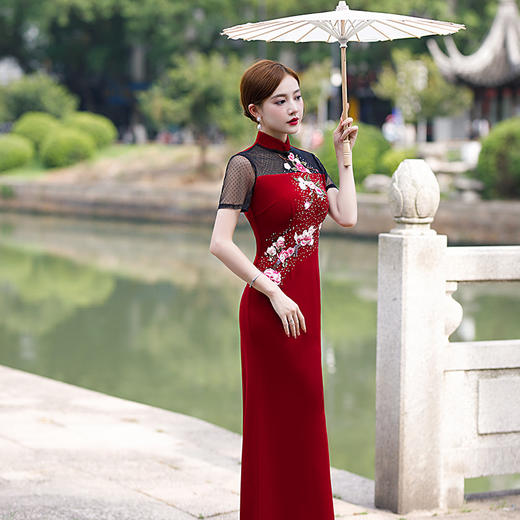 走秀旗袍新款年轻款中国风改良版复古气质演出服优雅亮钻YD150 商品图5