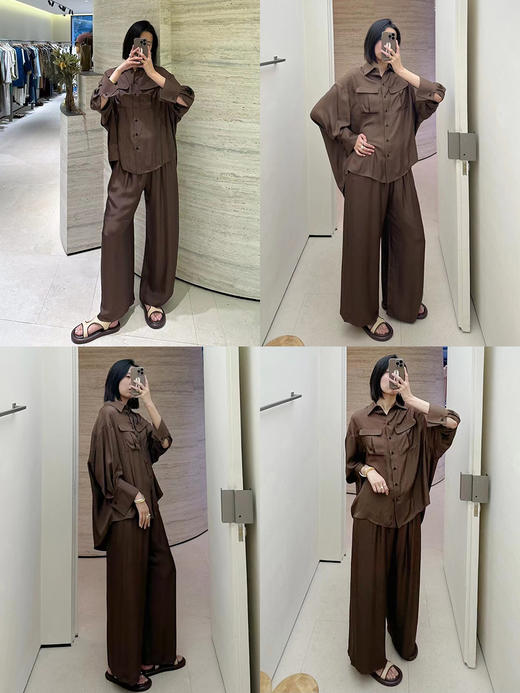 HIDEMI口袋工装感极简大廓形慵懒醋酸套装 衬衫/长裤 巧克力色/香草燕麦 商品图2