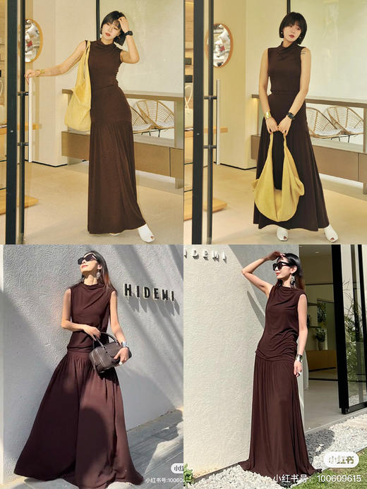 HIDEMI 【董生活同款】云朵系列亲肤柔软薄针织软糯三件套 背心/长袖上衣/百褶半身裙 灰色/巧克力色 商品图1