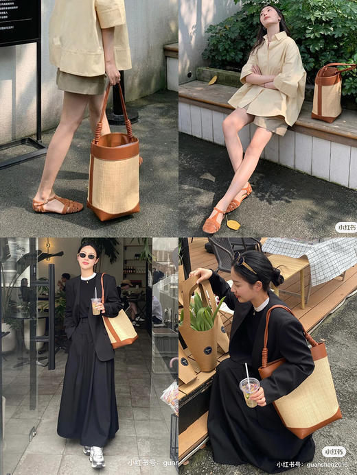 HIDEMI 度假系列拉菲草编织拼皮tote水桶包中号 黑色/棕色 商品图1