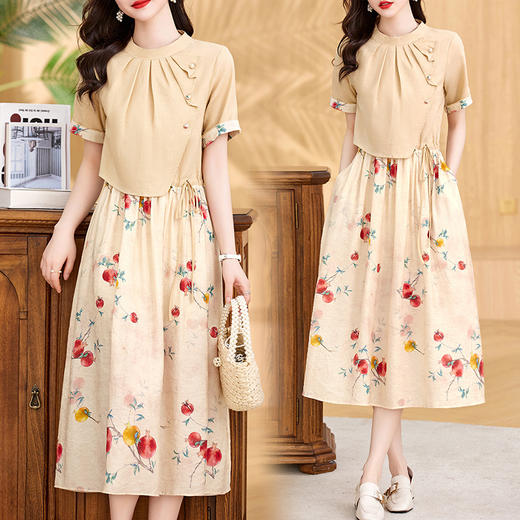 气质温柔风连衣裙，夏新款抽绳收腰显瘦女神范时尚棉麻裙子HR-WX208-19 商品图3