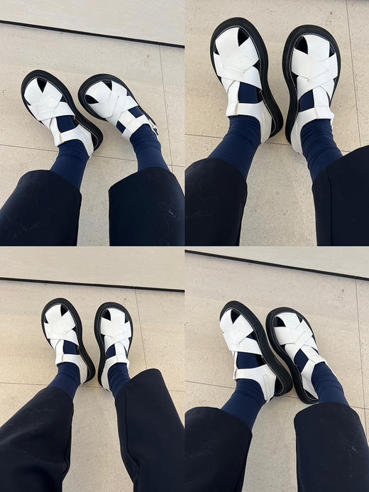 HIDEMI 牛皮手工宽编织镂空设计感厚底凉鞋皮鞋 白色/黑色 商品图1