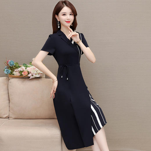 QYMXYKL-JSK2318-L 条纹简约拼接系带收腰通勤时尚雪纺裙2023年夏款短袖气质连衣裙 商品图1