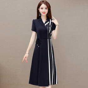 QYMXYKL-JSK2318-L 条纹简约拼接系带收腰通勤时尚雪纺裙2023年夏款短袖气质连衣裙