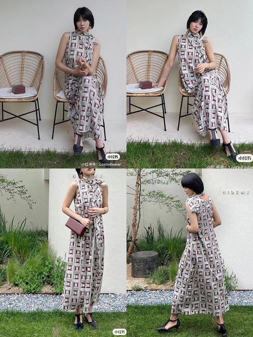 HIDEMI “我们做印花”经典几何设计感廓形印花缎面连衣裙 米绿 商品图1