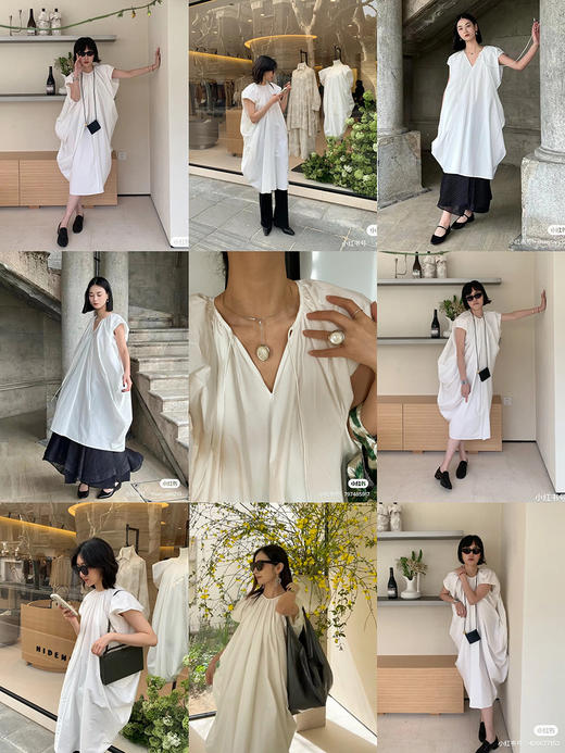 HIDEMI 抽绳立体褶皱设计感大茧型系带衬衫连衣裙 白色/黑色 商品图2